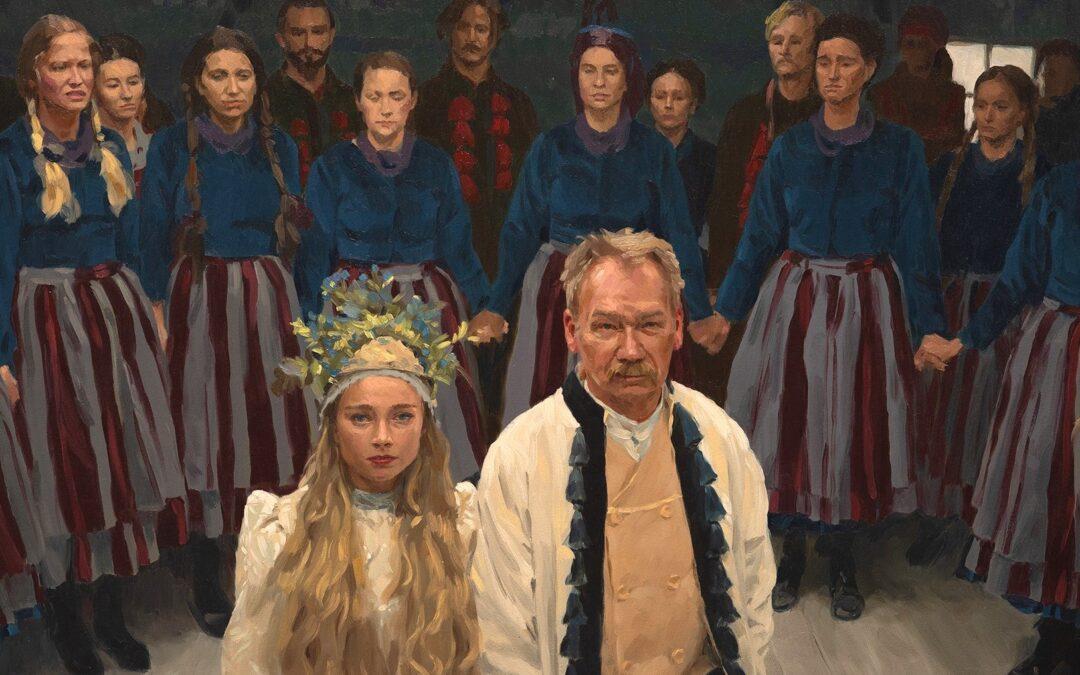 a man and a women dressed in white facing out towards the viewer , in the background other figures dressed in dark colours