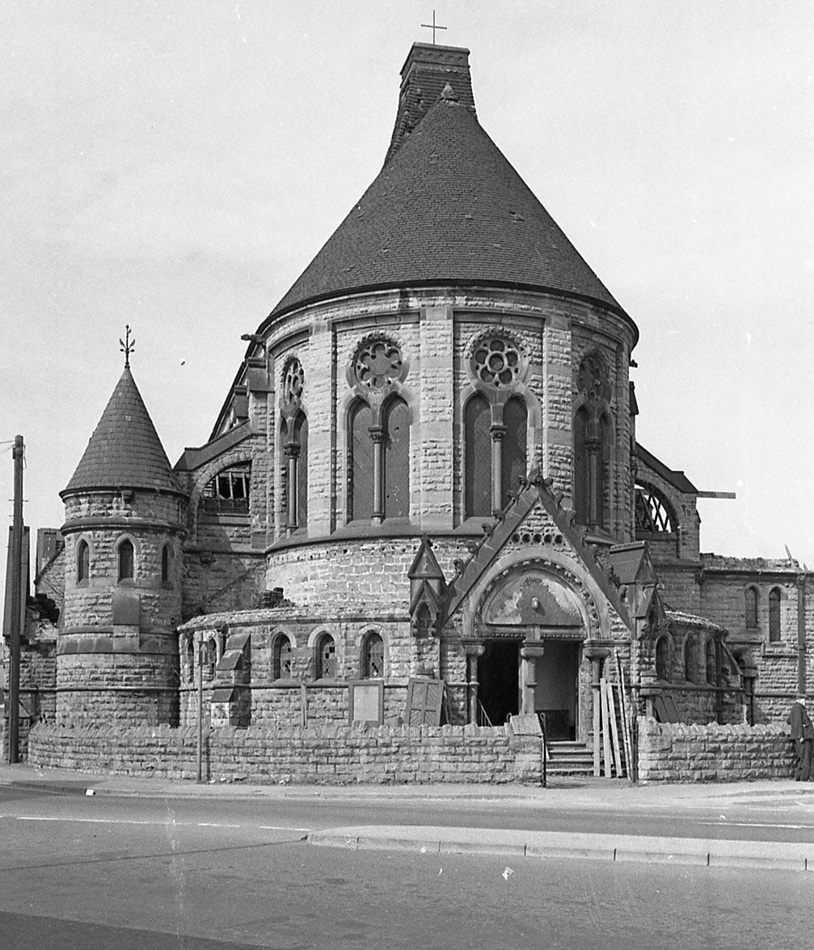 A black and white photograph of the apsidal end of the Congregational Church
