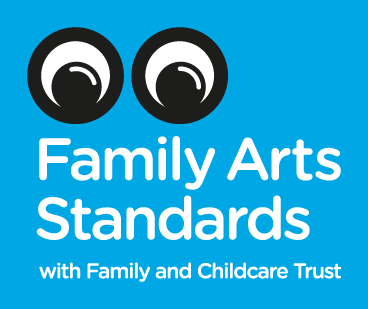 Family Arts Standard logo - googly eyes on bright blue background