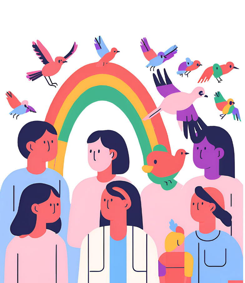 graphic of people , rainbow and birds