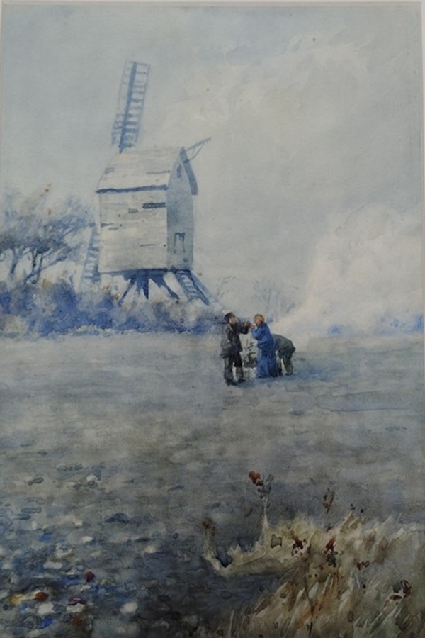 Watercolour painting of a windmill, with a group of three people cooking over a fire in front
