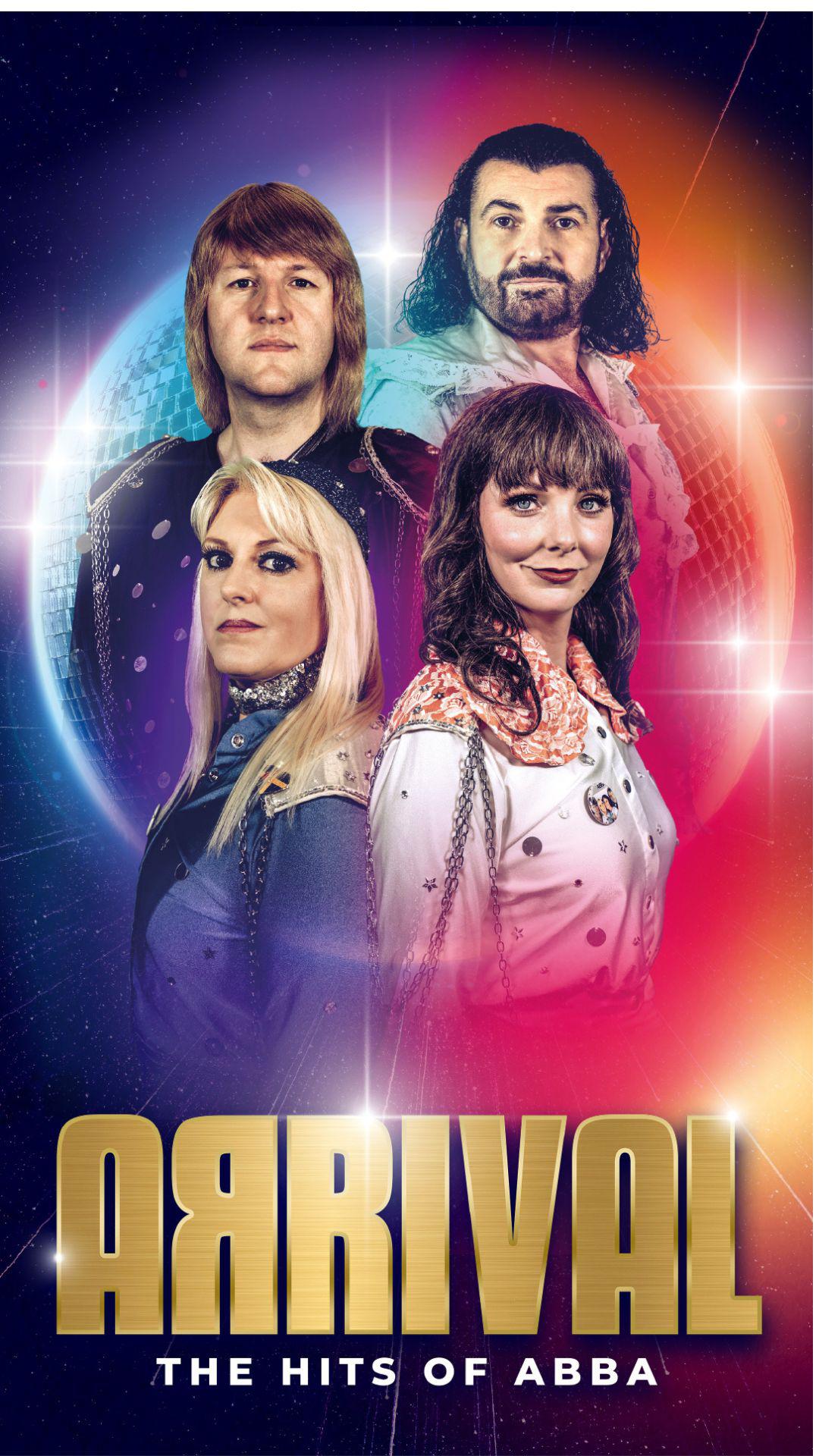Two males and two females looking out towards viewer, surrounded by colourful graphic effects. Text reds Arrival  - The HIts of Abba