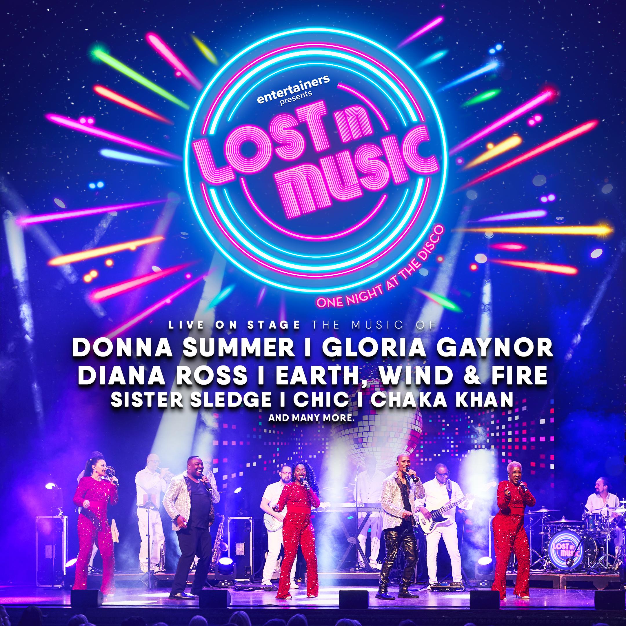 performers on stage with lighting effects. Text reads lost in Music