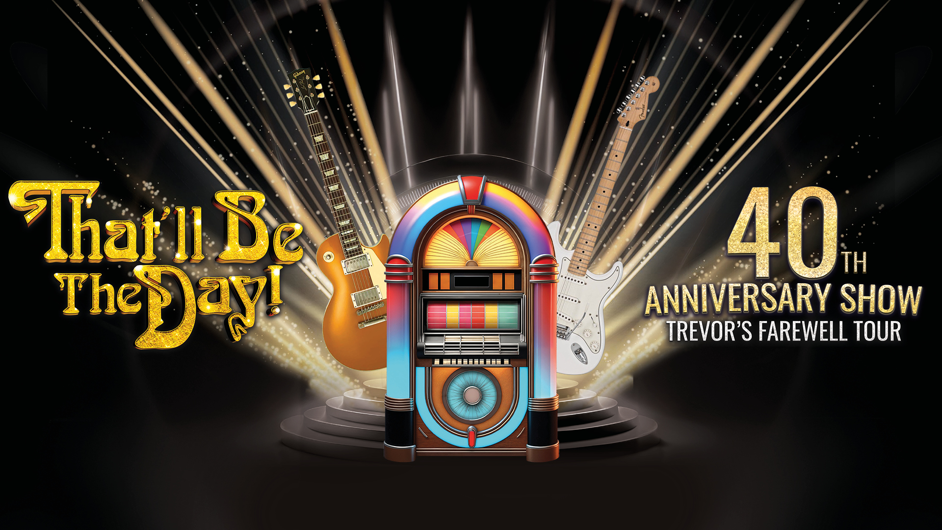 a graphic of a juke box and two guitars against a black background with lighting effects