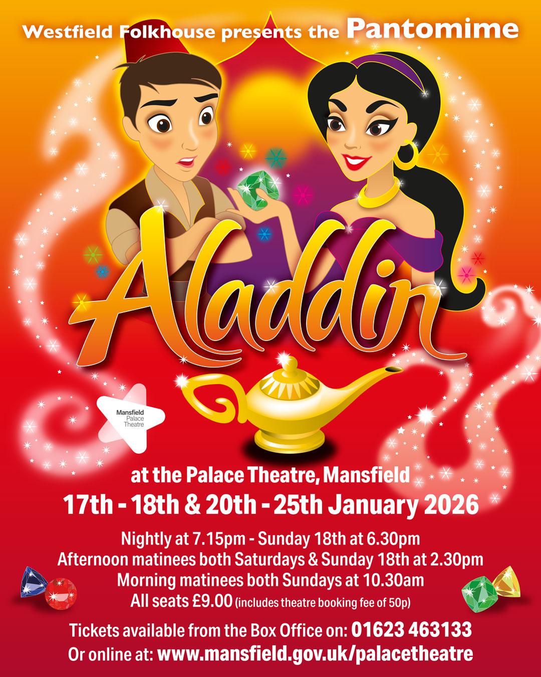 cartoon like figures on orange background wth magic lamp in foreground